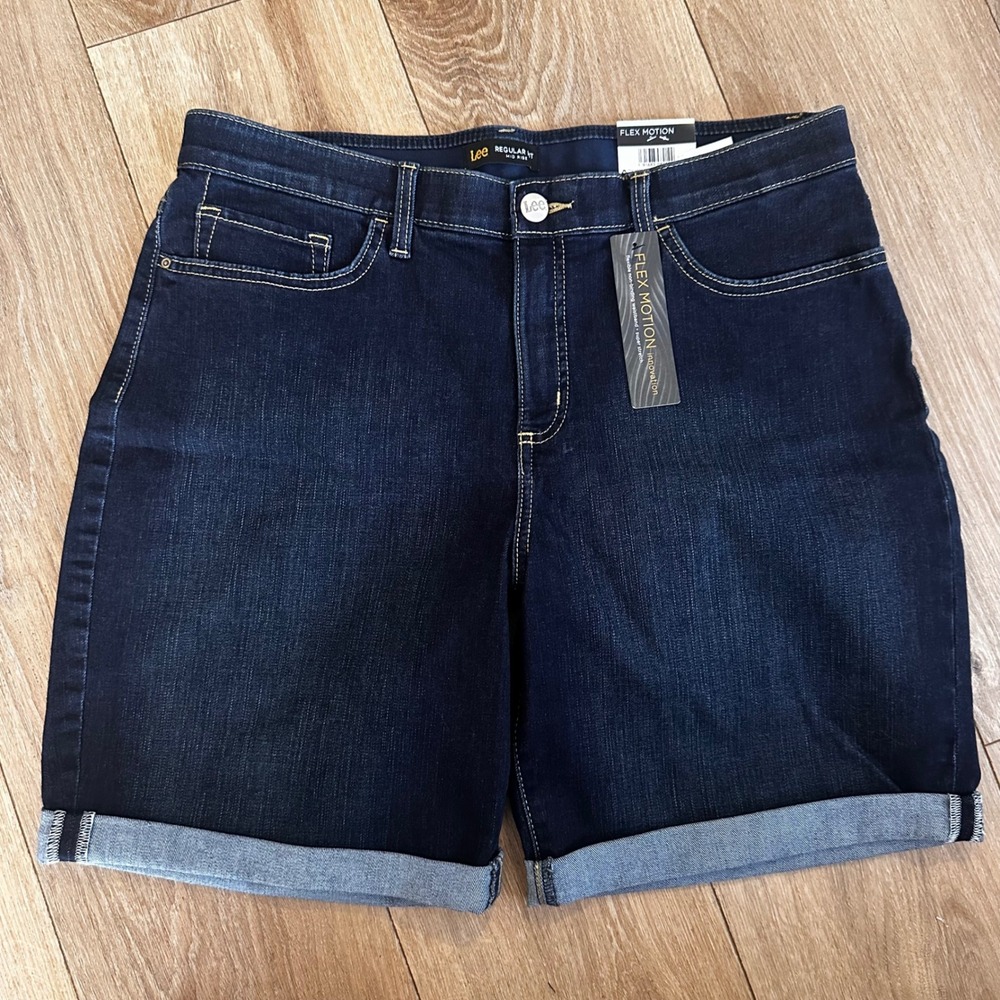 Lee Flex Motion Bermuda Denim Shorts Monaco Dark Wash Mid Rise 14 Medium
